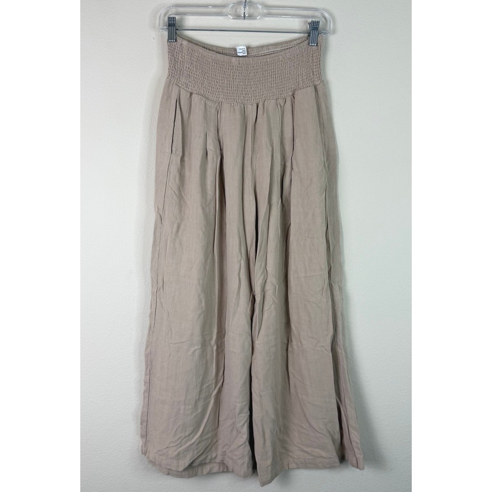 ANRABESS Wide Leg Pants Womens Medium Beige Smocked Waist Linen Blend Gauze Boho
